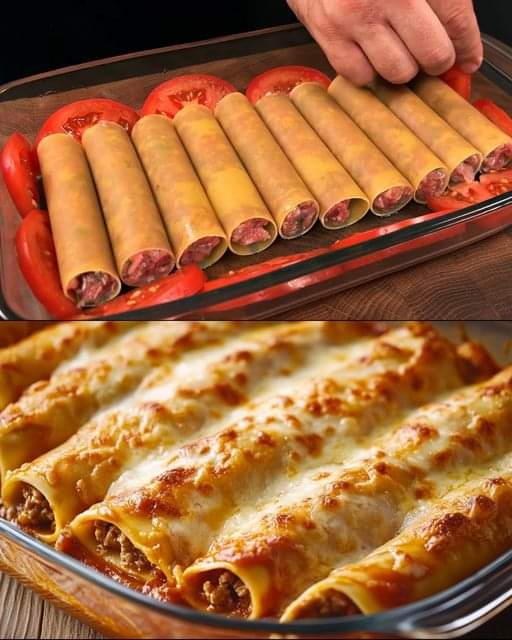 Cannelloni nadziewane mielonym mięsem i sosem pomidorowym